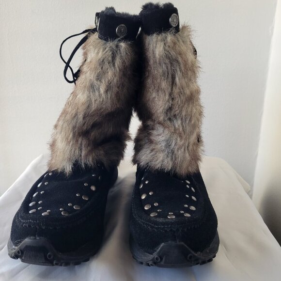 Bass Kodiak Women's 10 Medium Wedge Black Suede Leather Faux Fur Kneehigh Boots - Picture 5 of 12